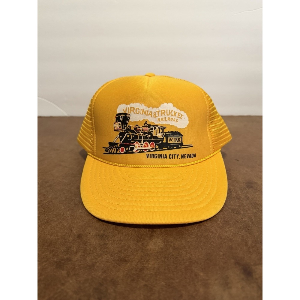 Vintage Virginia City Nevada Railroad Trucker Hat Mesh Back Cap Yellow Rope Bill